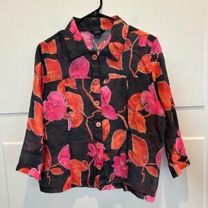 TONI MORGAN Women's Floral Print Collared Button Front Shirt Size M Pnk Black‎